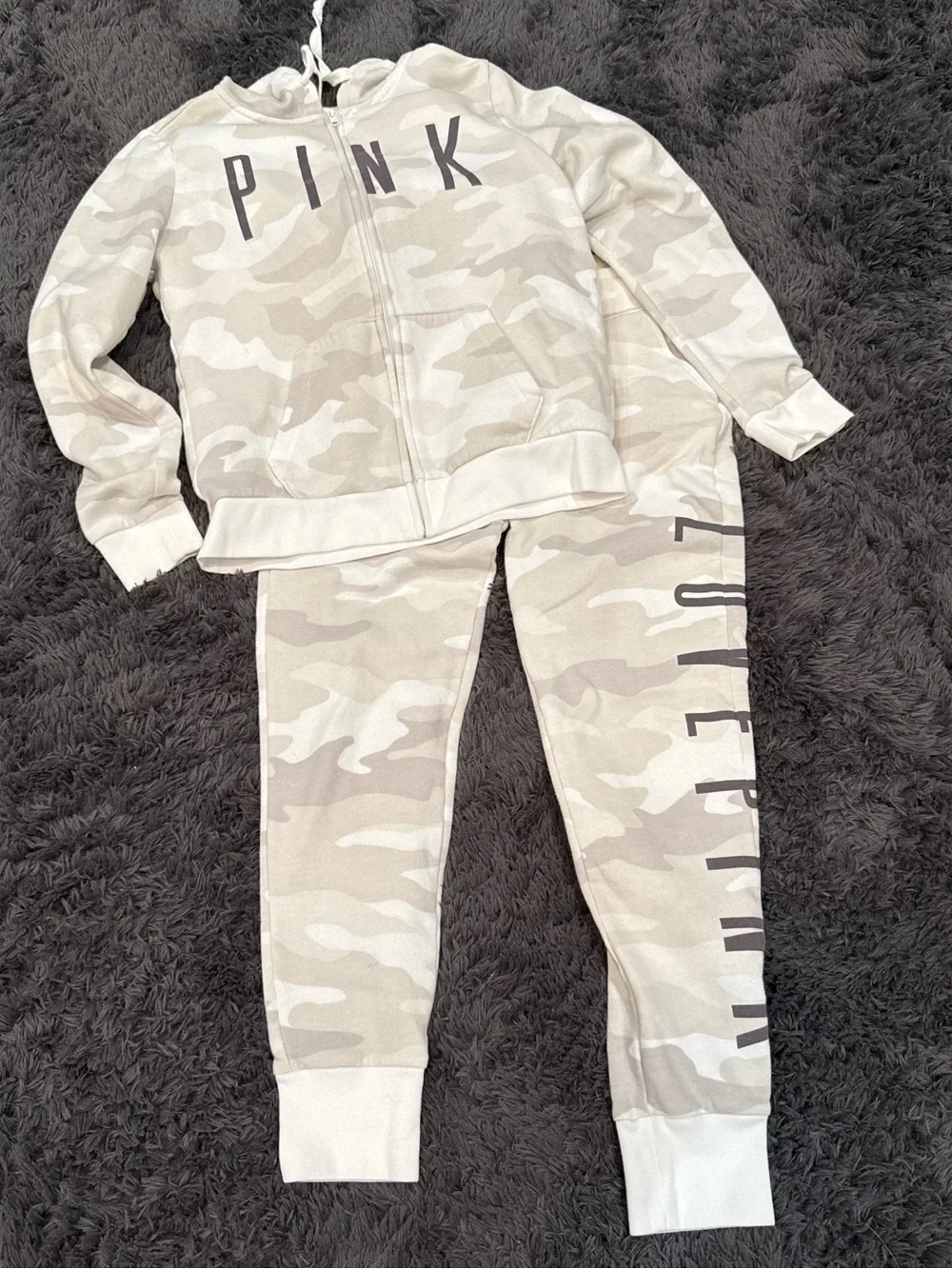 Victoria’s Secret LOVE PINK Gray and Beige Camo Zip Hoodie & Jogger Set - Picture 1 of 6